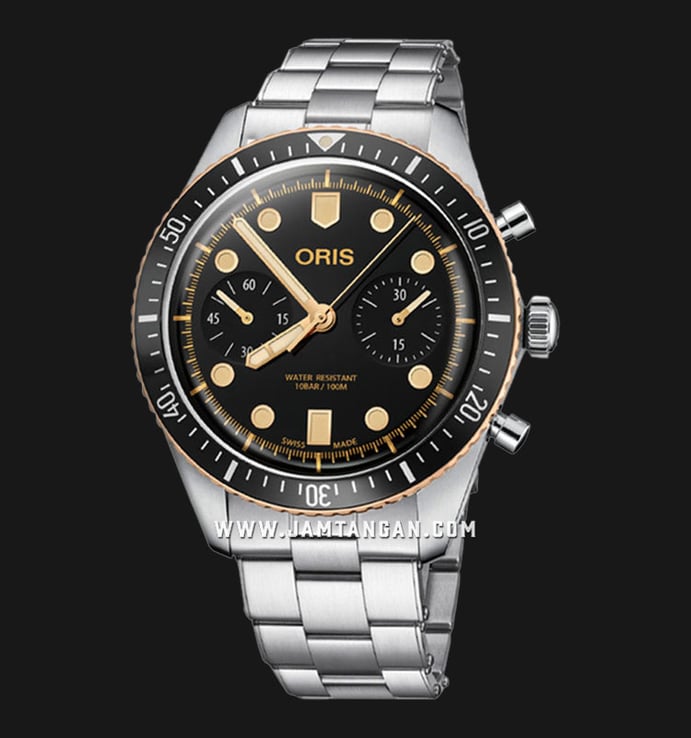 Oris Divers 01-771-7744-4354-07-8-21-18 Sixty-Five Chronograph Black Dial Stainless Steel Strap